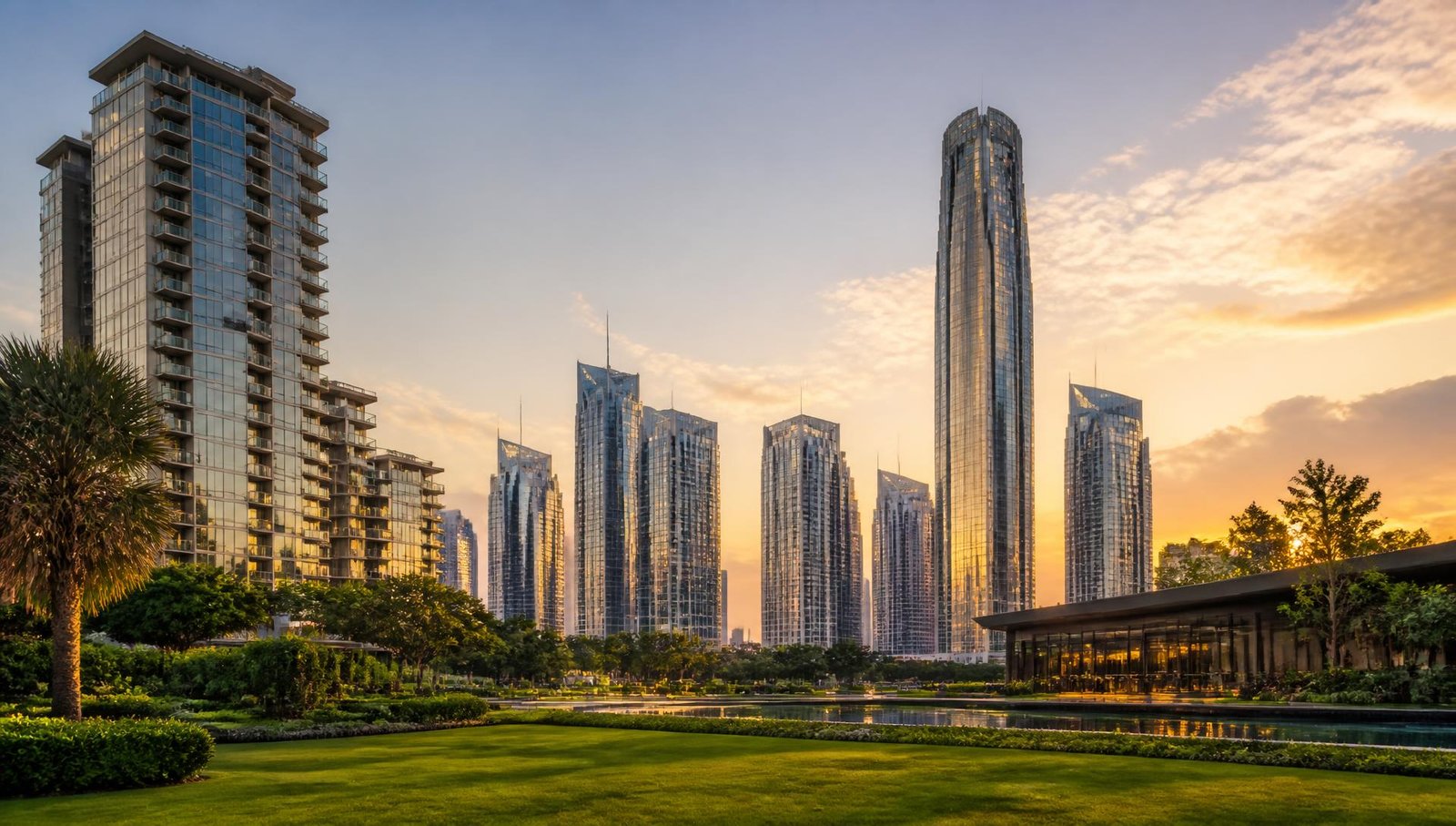 Premium residential and commercial property skyline at golden hour